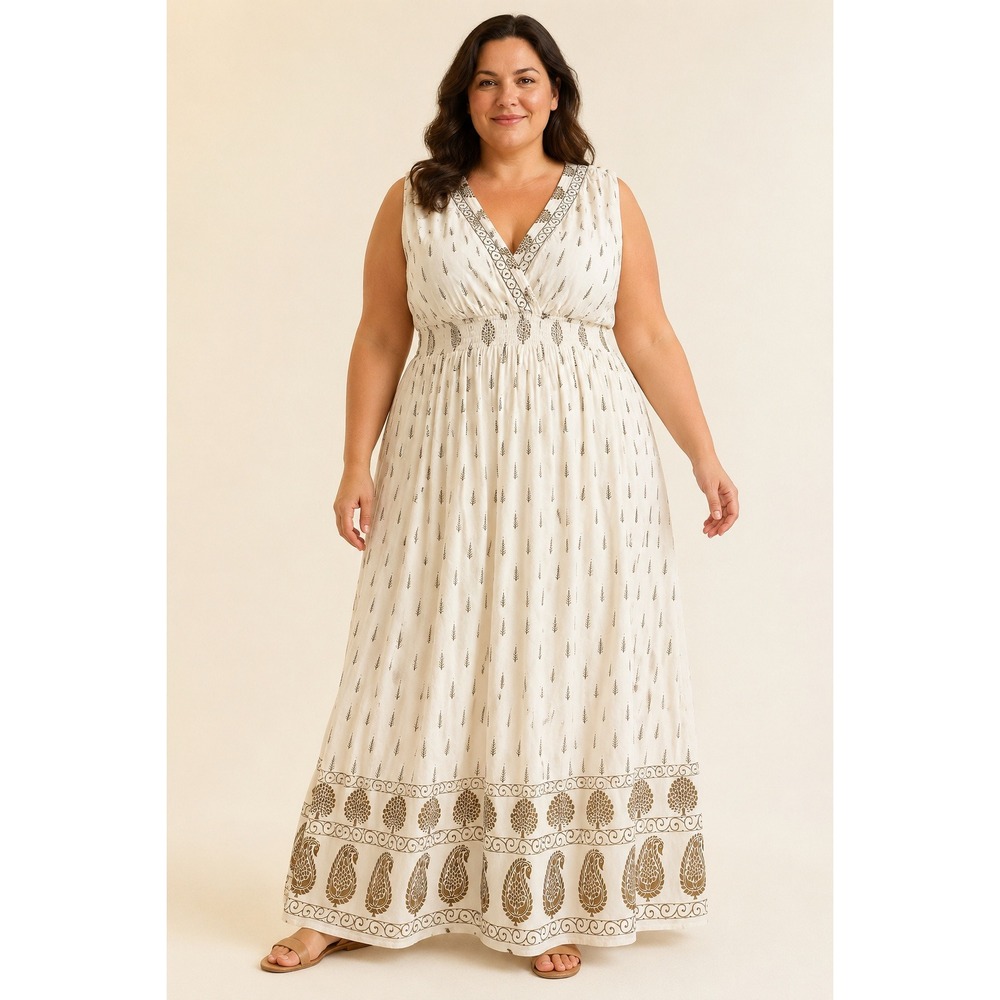 Lapogee White Paisley Print Kaftan Maxi Dress Plus Size 3X Pockets Goddess